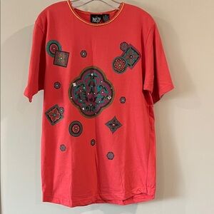 Pasta - L, vintage, 80s/90s peachy pink tunic, screen‎ print, jeweled